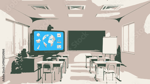 Empty Classroom with Interactive Whiteboard vector