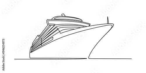 Continuous line drawing of a large cruise ship sailing on the calm ocean water surface. Vector, illustration