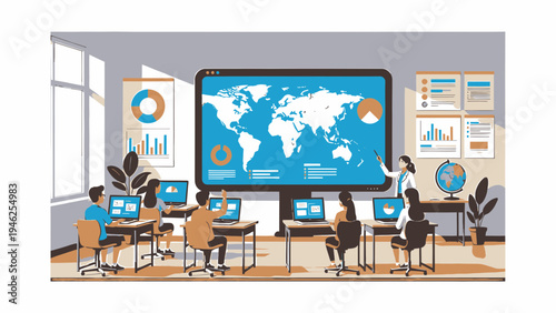 Modern Classroom with Interactive Whiteboard Displaying World Map vector