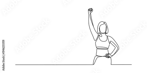 Continuous line drawing of a powerful woman raising her fist in a gesture of victory and strength. Vector, illustration