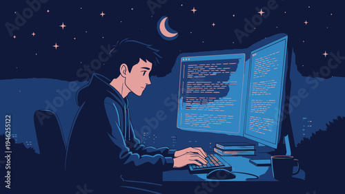Night Coding Young Man Working on Computer vector illustration