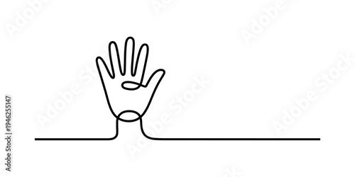 Continuous one line drawing of a human hand with five fingers spread apart on white background. Vector, illustration
