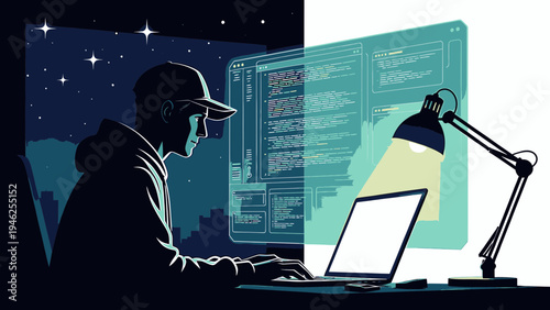 Programmer Working at Night with Code on Screen vector