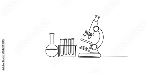 Minimalist single line drawing of science laboratory tools like microscope, flask and test tubes. Vector, illustration