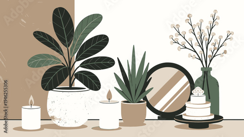 Interior Still Life with Plants and Candles vector