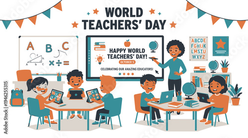 World Teachers' Day Celebration in Classroom with Students vector illustration