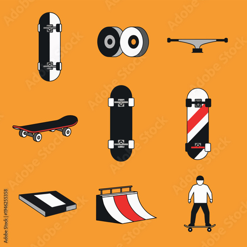 Skateboard Elements on Orange Background