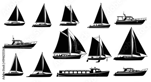 Maritime Boating and Sailing Vessels Black Silhouette Icons Collection