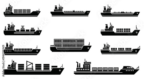 Maritime Transport Cargo Ships and Container Vessels Vector Silhouette Icon Set