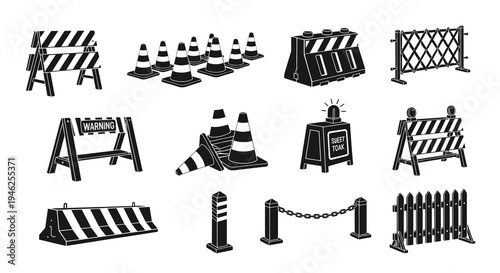 Construction Road Safety Barriers, Traffic Cones  Warning Signs Black  White Glyph Icons