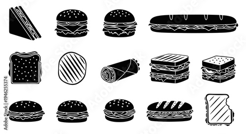 Burgers, Sandwiches and Fast Food Black and White Glyph Icons Set
