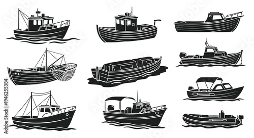 Fishing and Boating Boats Monochrome Silhouette Vector Icons Set