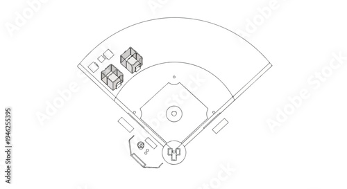 Technical drawing of a baseball field with bases and batter in a minimalist line art style on a white background.