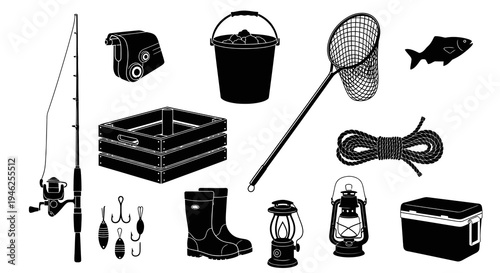 Fishing Equipment  Outdoor Gear Icons Set - Black and White Glyph Silhouettes