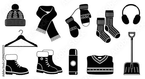 Winter Cold Weather Essentials Black and White Glyph Icons Set