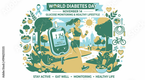 World Diabetes Day Banner with Running Woman vector