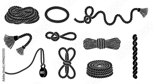 Marine and Utility Ropes  Knots Silhouette Vector Set - Black  White Cordage Icons