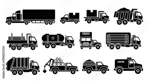Transportation Trucks Glyph Icons Set. Commercial Vehicles  Logistics Silhouettes.