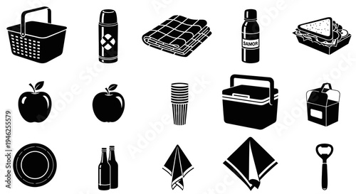 Picnic Food and Drink Icons Set - Black  White Glyph Collection for Outdoor Leisure