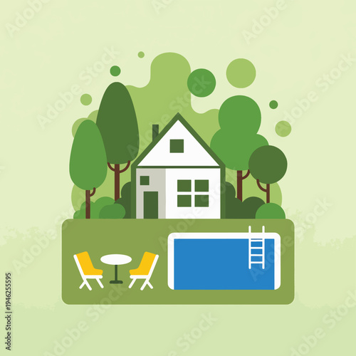 Cozy House With Pool and Garden Flat Design