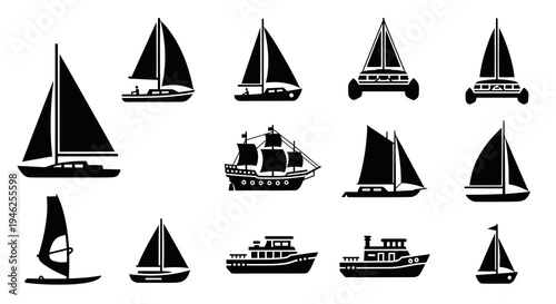Nautical Transportation Black Silhouette Icon Set - Boats, Ships, Yachts, Windsurfer