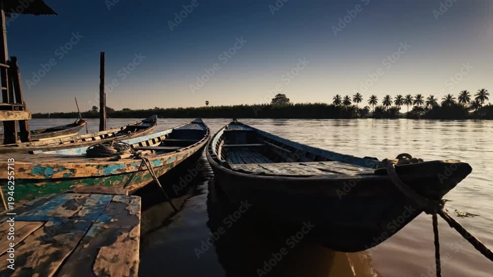 custom made wallpaper toronto digitalWooden boats moored at a pier on a calm river with palm trees in the background during a golden hour sunset