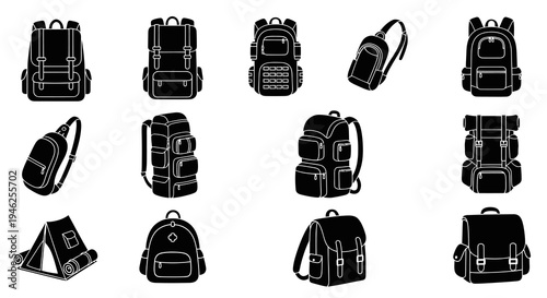 Outdoor Adventure Travel Backpacks and Camping Gear Glyph Icons Set. Solid Bags Collection.