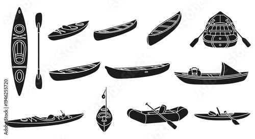 Boating Water Sports Glyph Icons Set - Kayaks, Canoes, Rafts, Rowboats  Watercraft Silhouettes