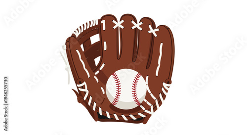 Brown leather baseball glove holding a white baseball with red stitching against a clean white background.