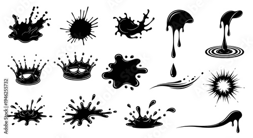 Art  Design Black Ink Liquid Splashes, Drips, Blots, and Crown Vector Glyphs Set