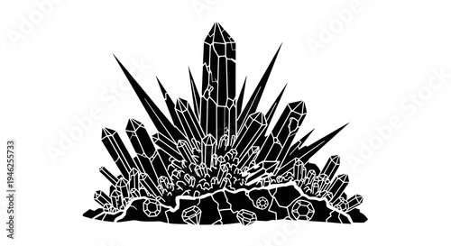 Black and White Line Art Crystal Cluster Silhouette - Nature, Geology, and Fantasy Vector Graphic