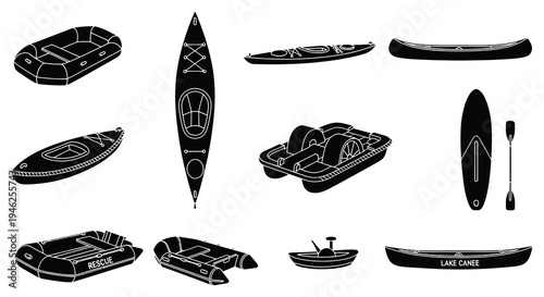Boating and Water Sports Silhouette Icons Set: Kayaks, Canoes, Paddleboards, Inflatable Boats