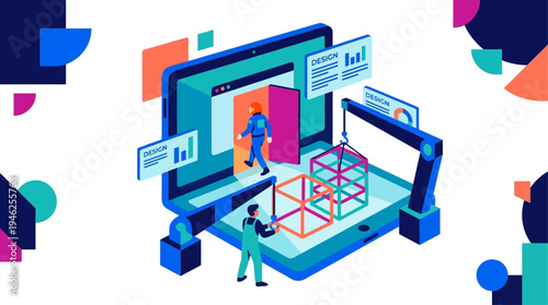 A person interacts with a large computer screen displaying a futuristic interface with graphs and another person standing on a pink portal, surrounded by colorful geometric shapes.