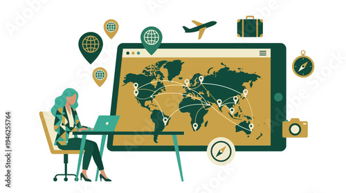A woman travels and plans her trip on a laptop with a world map on the screen.
