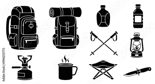 Outdoor Camping Hiking Gear Vector Icon Set Black and White Glyph Art