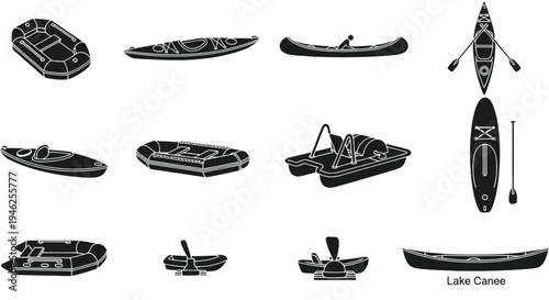 Boating  Water Sports Black Glyph Icons Set: Kayaks, Canoes, Rafts, Paddleboards Collection