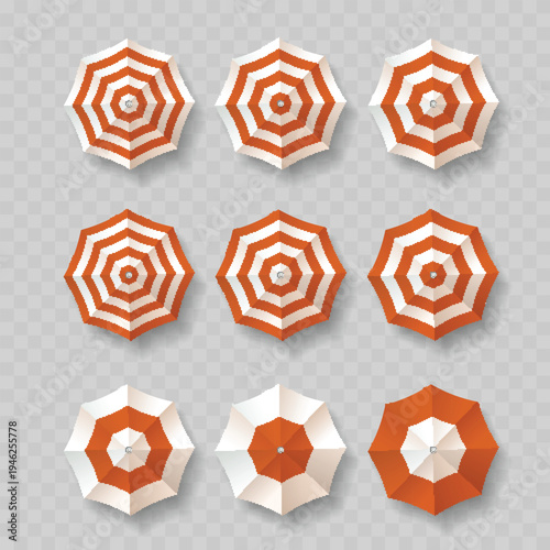 Vector Set of Red and White Beach Umbrellas, Top View. Realistic Striped Summer Sunshades Isolated on Transparent Background.