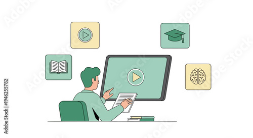 A man sits at a desk watching an educational video on his computer.