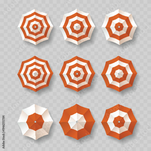 Vector Set of Red and White Beach Umbrellas, Top View. Realistic Striped Summer Sunshades Isolated on Transparent Background.