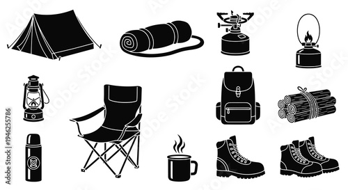 Camping Outdoor Gear Black and White Glyph Icons Set with Tent, Lantern, Boots, Backpack