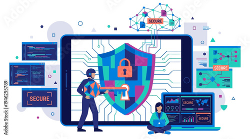 A man secures a large shield on a tablet with a woman sitting nearby.