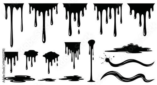 Black Dripping Liquid Vector Set - Paint, Ink, Slime  Spill Graphic Design Elements