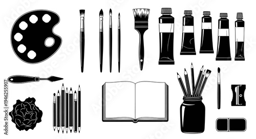 Art Supplies Monochrome Glyph Set - Artist Tools Vector Icons for Creative Work