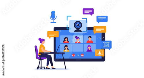 A person participates in a virtual meeting on a large computer screen displaying multiple people.