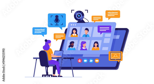 A person engages in an online meeting with multiple people on a large computer screen.