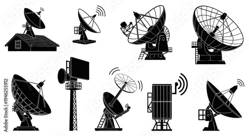 Technology Communication Antennas Satellite Dishes Black Glyph Vector Icons Set