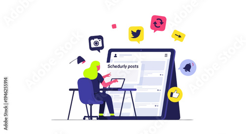 Person sitting at desk with laptop and large screen displaying social media posts surrounded by icons