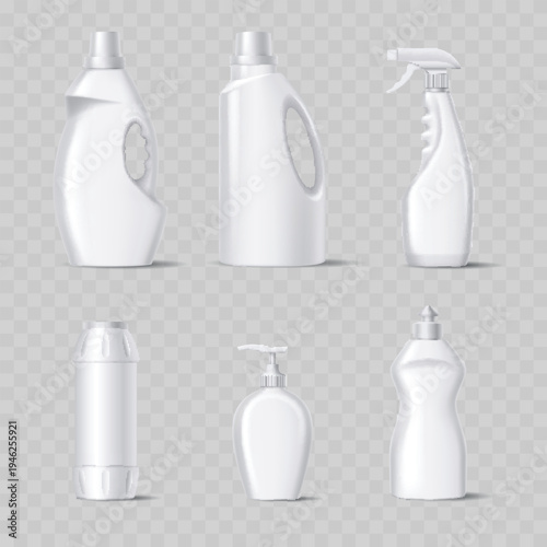 Realistic White Plastic Bottle Mockup Set. Vector Blank Packaging Templates for Household Cleaning, Soap, and Cosmetics.