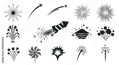 Celebration Fireworks Symbols Glyph Set - Holiday Event Festival Monochrome Vector Icons