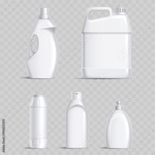 Realistic White Plastic Bottle Mockup Set. Vector Blank Packaging Templates for Household Cleaning, Soap, and Cosmetics.